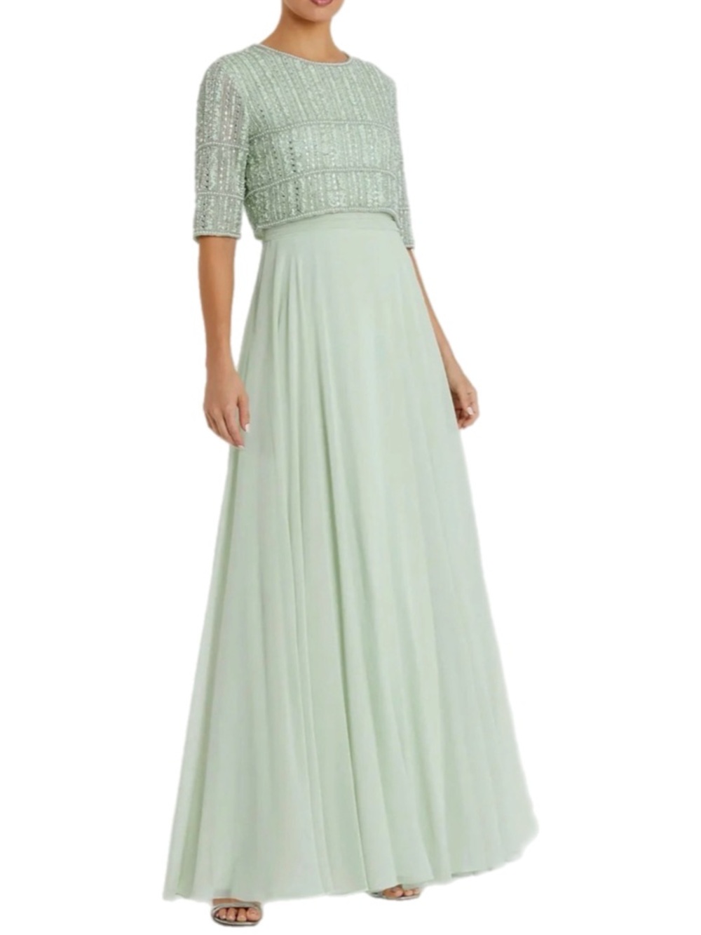 NWOT Mac Duggal Sage Green Beaded Pearl Short Sleeve Chiffon Formal Gown Size 4